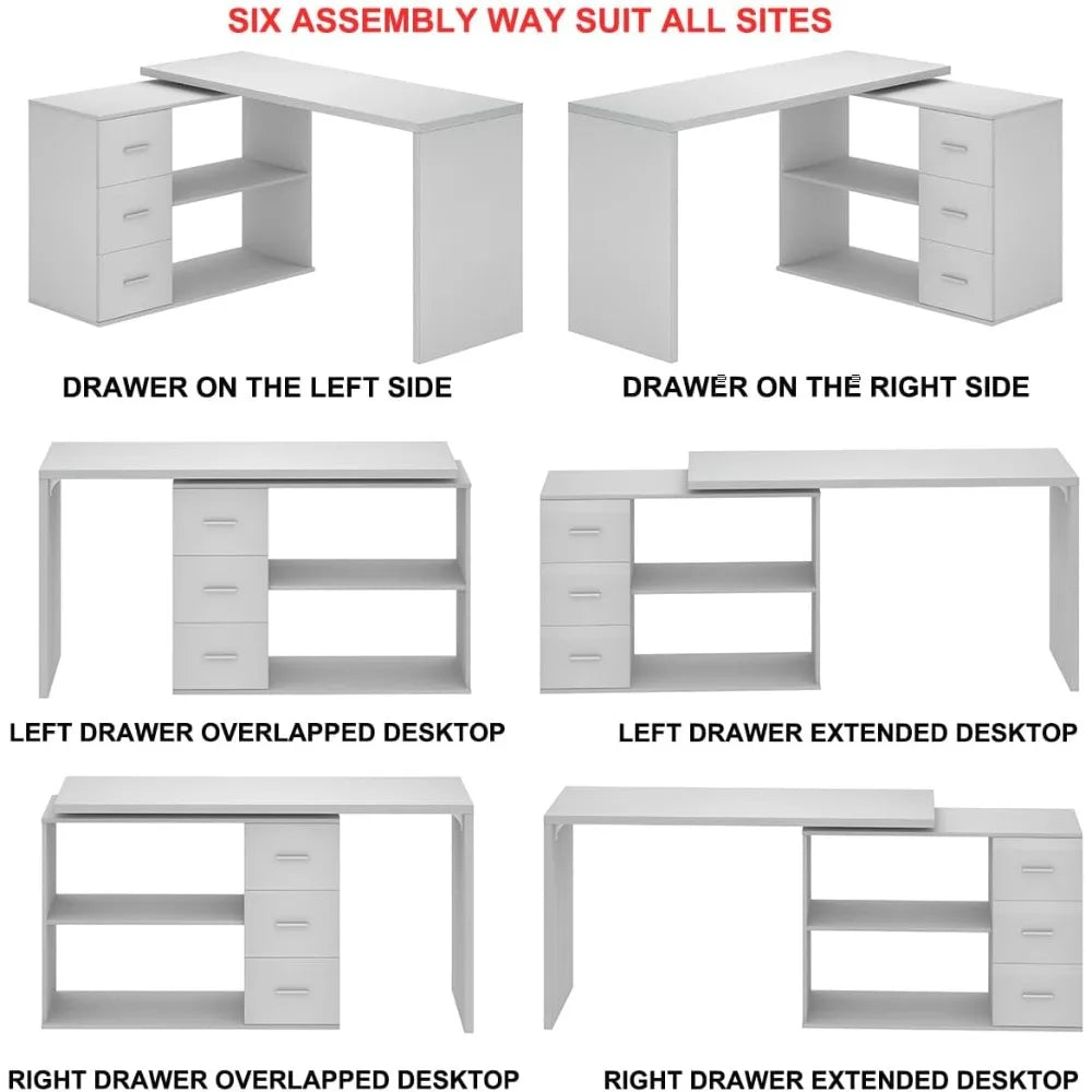 L-Shaped Computer Desk with 3 Drawers and 2 Shelves for Home Office