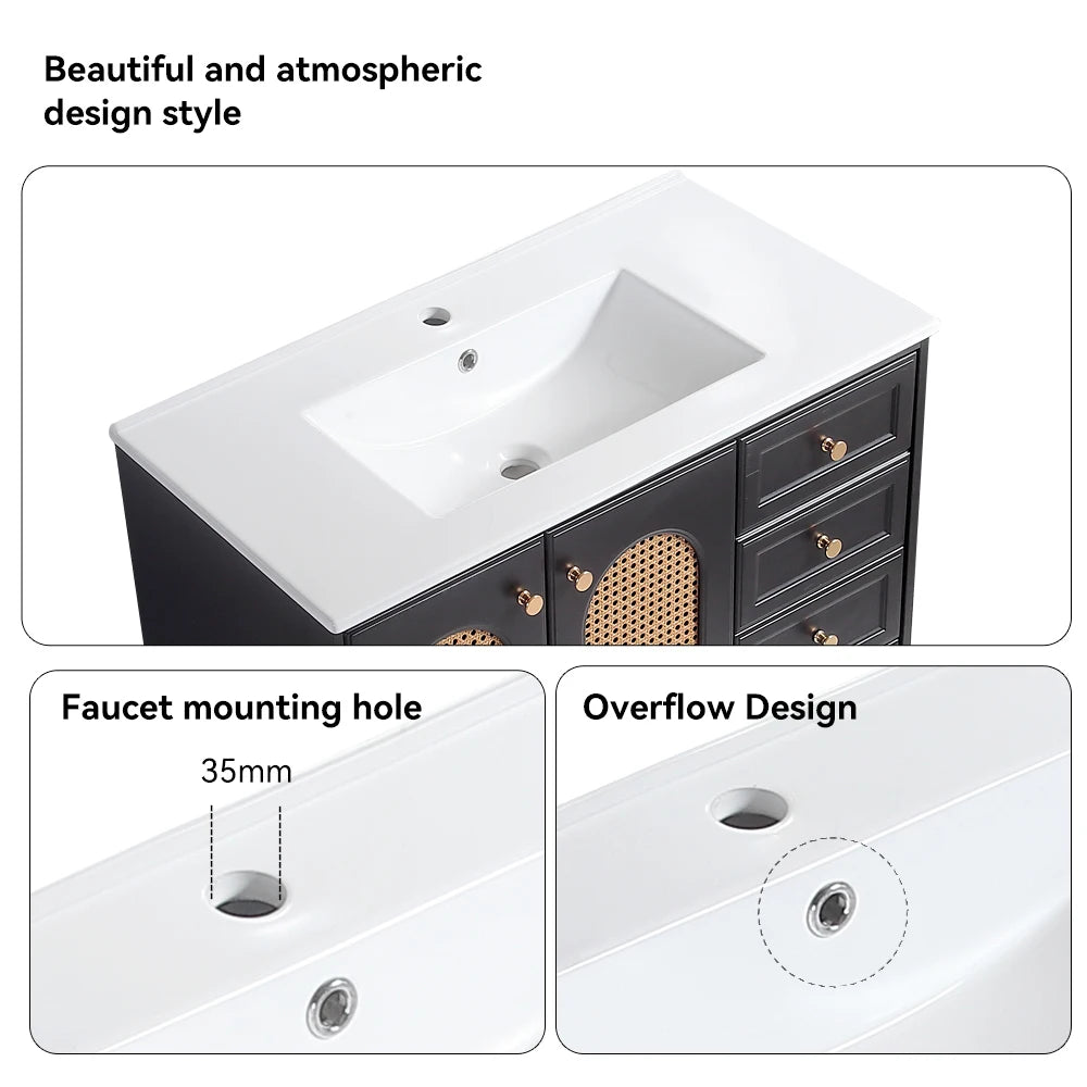 36 Inch Bathroom Vanity with Ceramic Basin Rattan Storage Cabinet