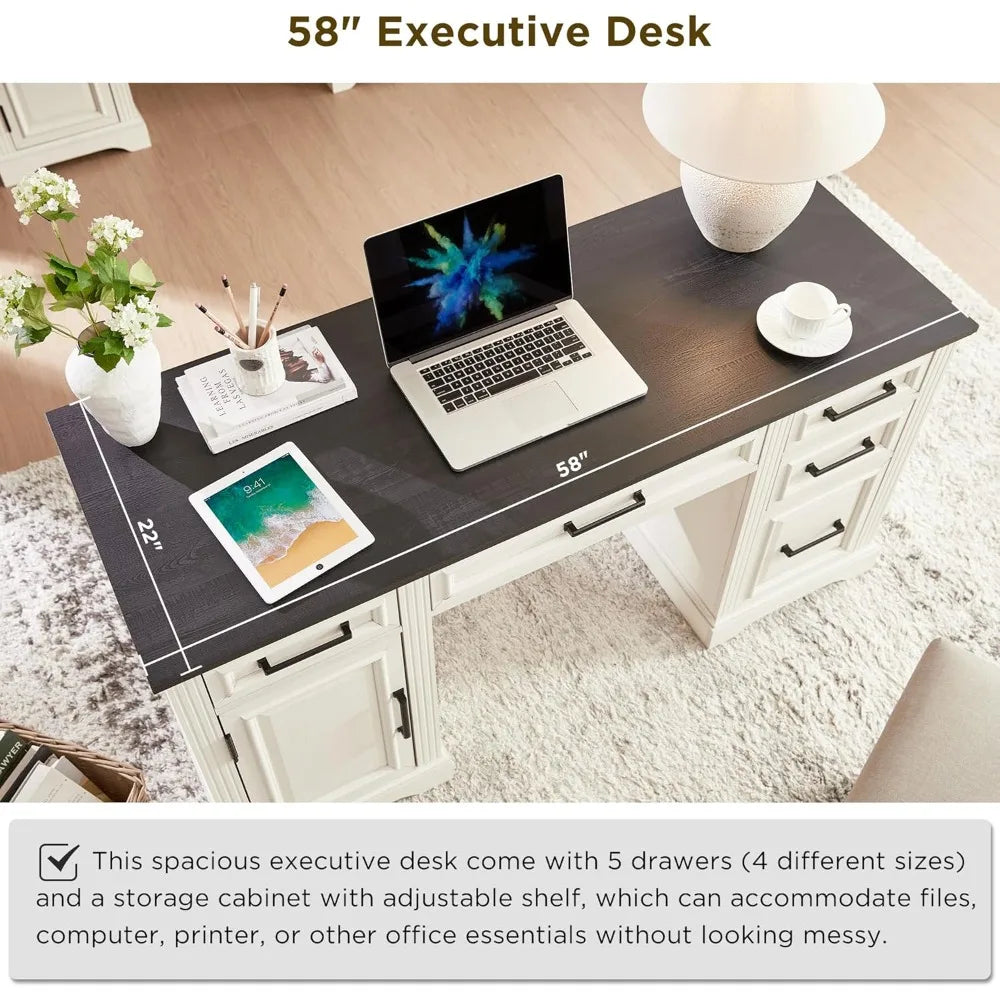 58 Inch Executive Desk Farmhouse Style Computer Desk with Storage