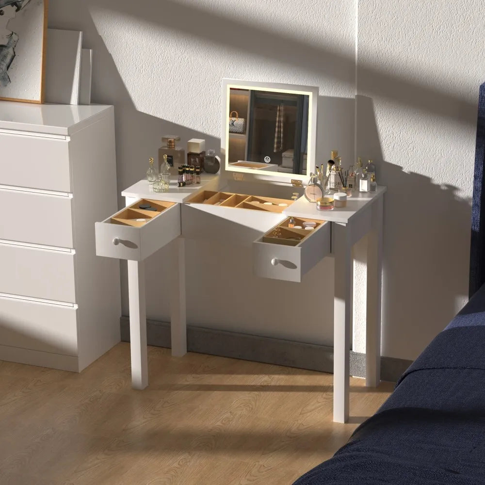 Elegant Black Vanity Table with LED Mirror and Jewelry Storage