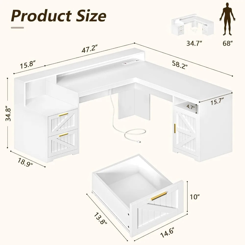 63 Inch L Shaped Executive Desk with Drawers and USB Charging Station