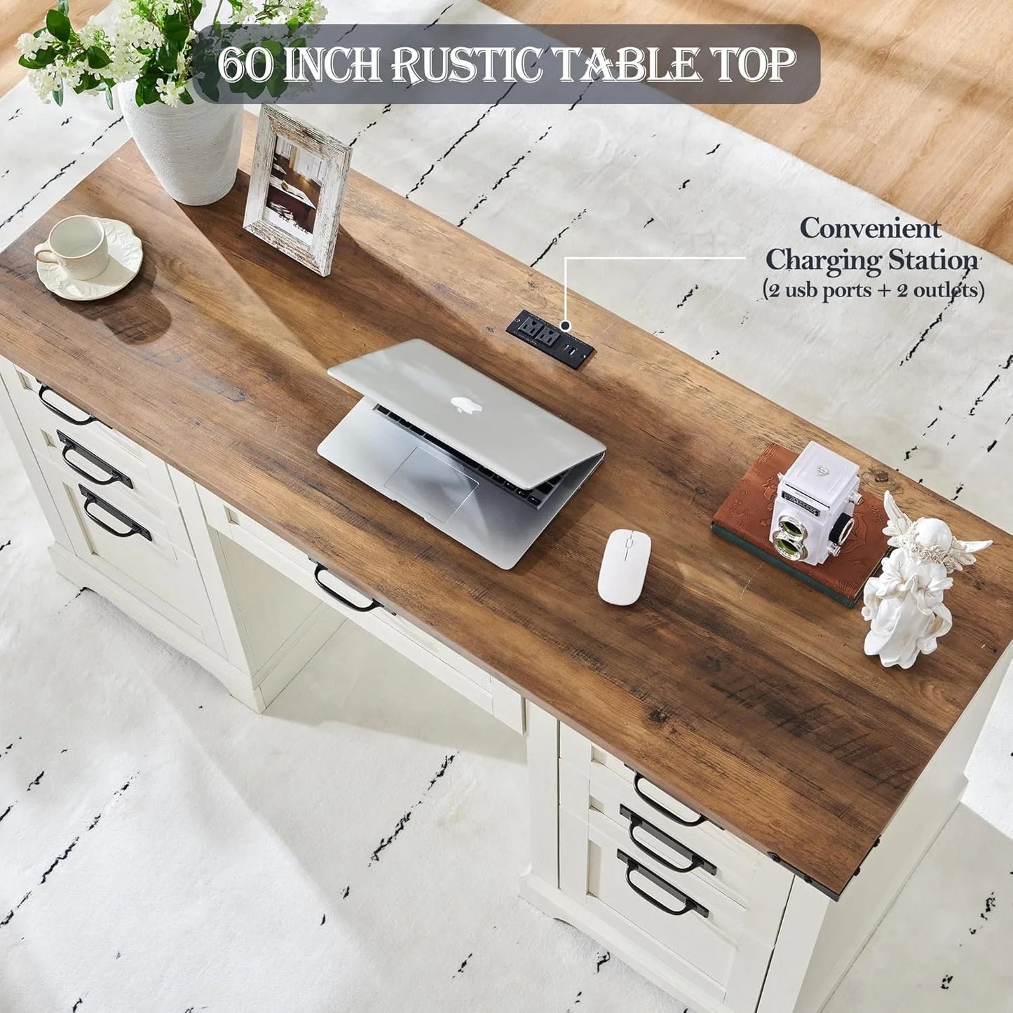 60 Inch Farmhouse Executive Desk with Drawers Charging Station