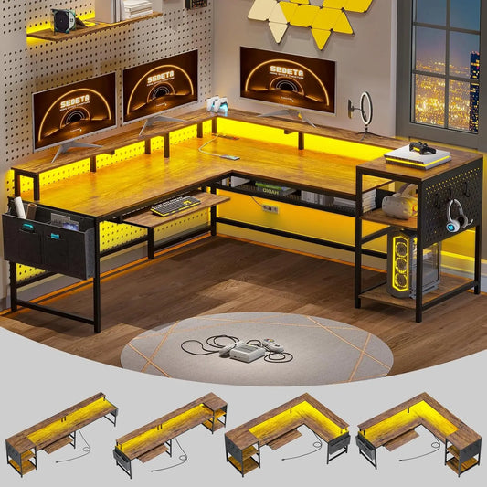 L Shaped Computer Desk with Power Outlets LED Strip Monitor Shelf Keyboard Tray
