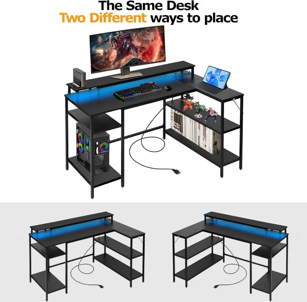 L Shaped Gaming Desk with LED Lights Power Outlets Reversible Design
