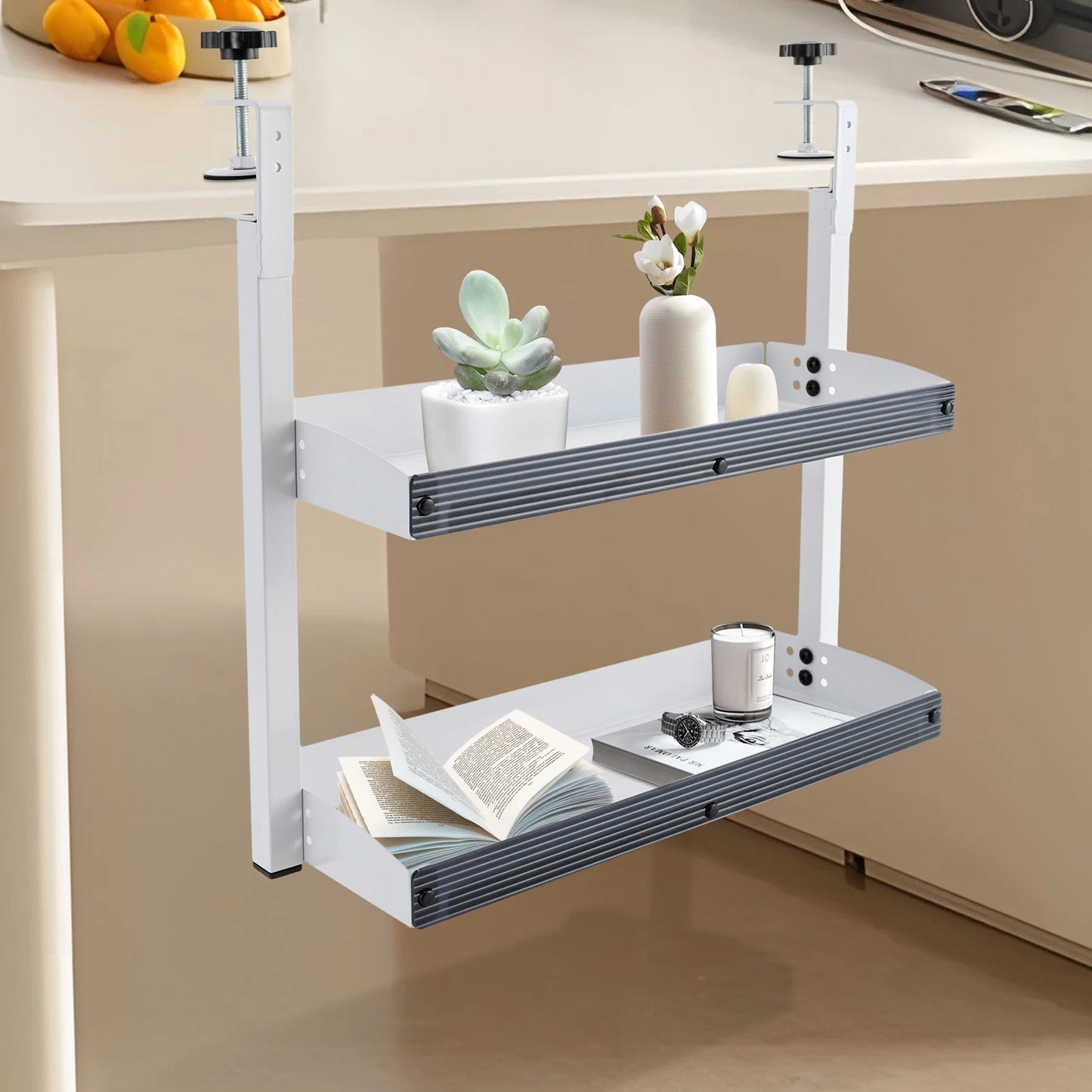 Clamp-on Desk Shelf 2-Tier Metal Organizer Above Under Table Storage