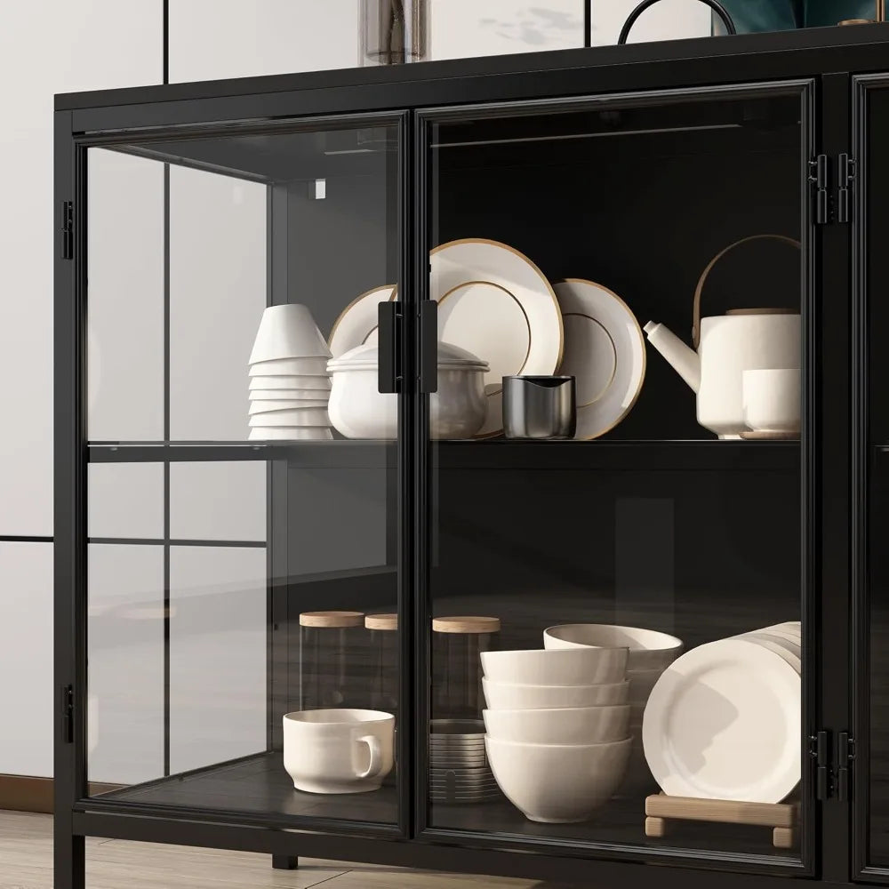 Sideboard Display Cabinet with Glass Doors and LED Lights Buffet Storage