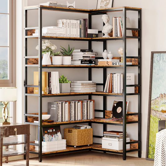 Ljustra Industrial 6 Tier Corner Bookshelf Etagere Metal Frame Storage Rack