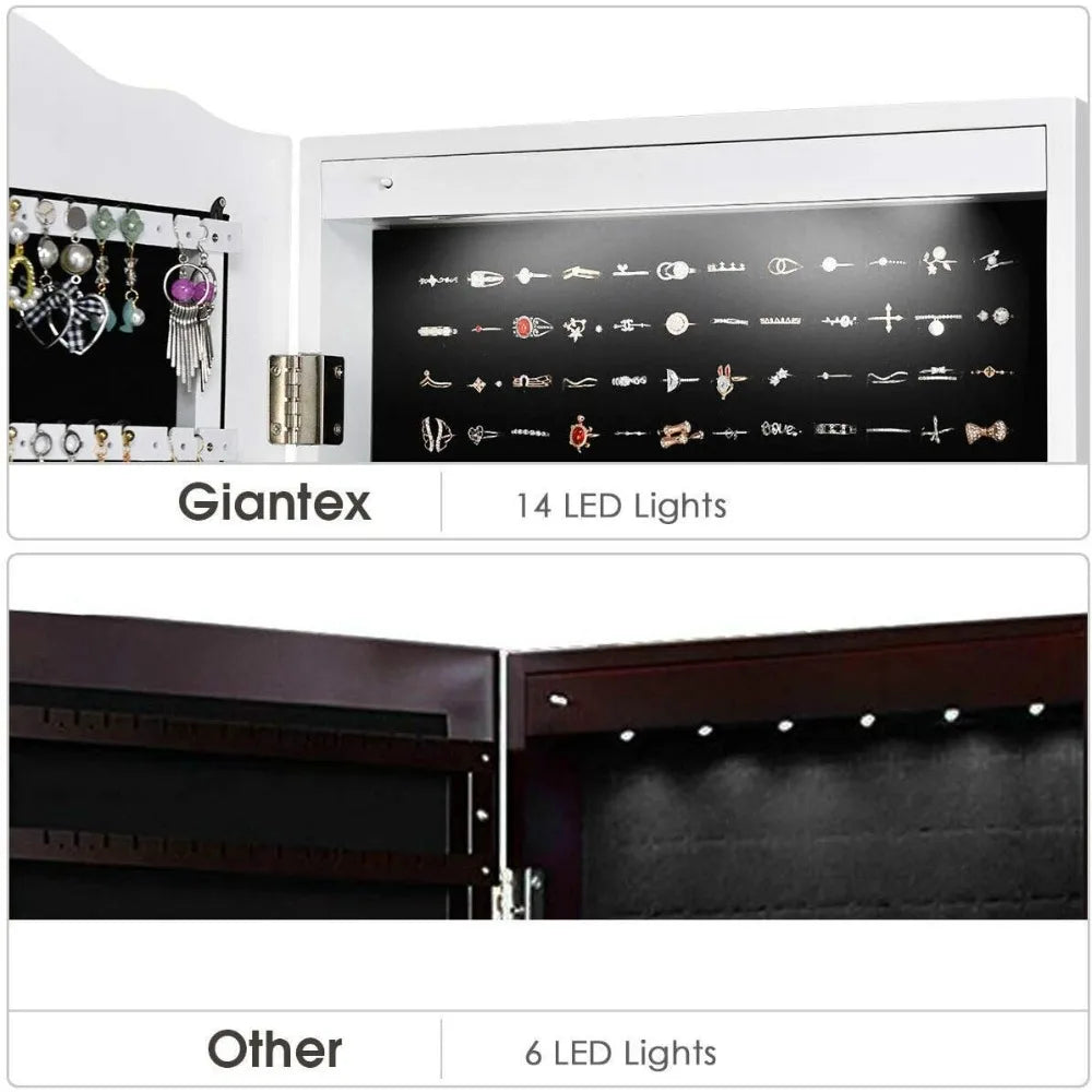 Standing Lockable Mirrored Jewelry Cabinet with LED Lighting and Drawers