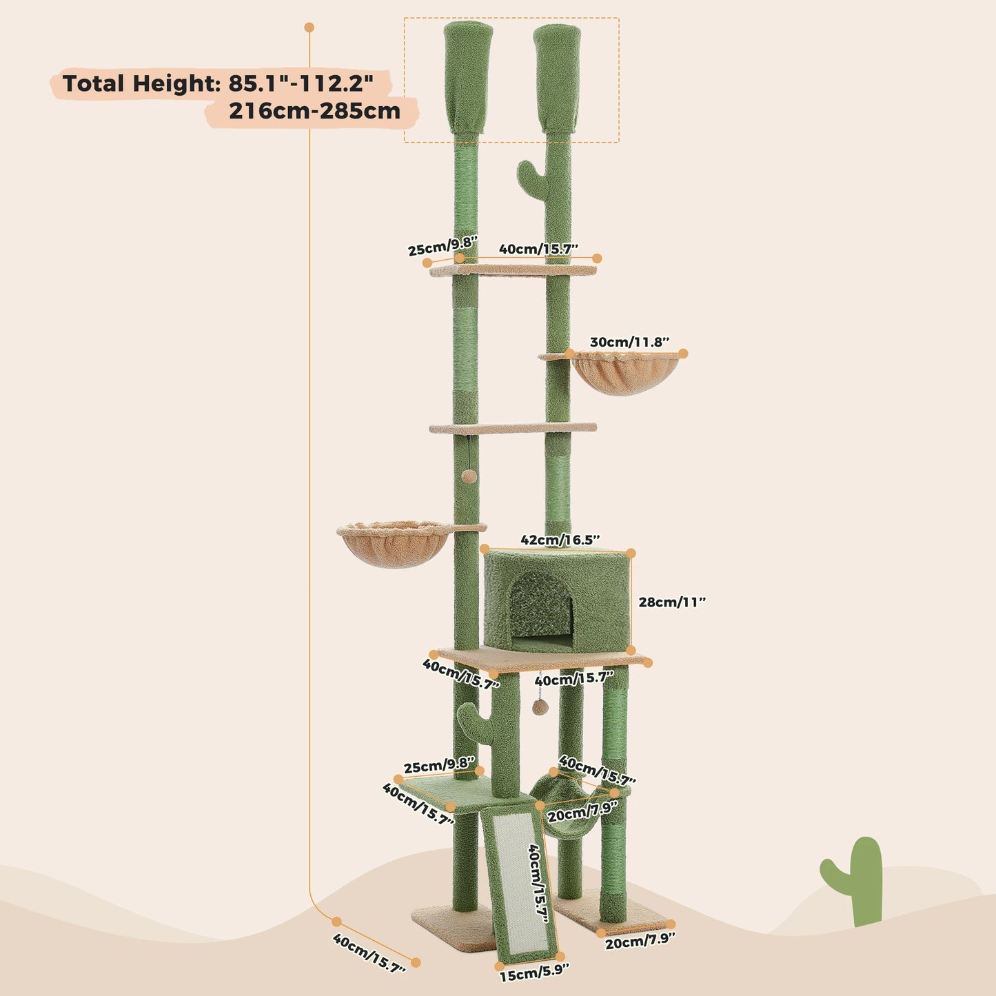 Cactus Cat Tree Floor to Ceiling Cat Tower 7 Tiers with Hammocks and Scratching Posts