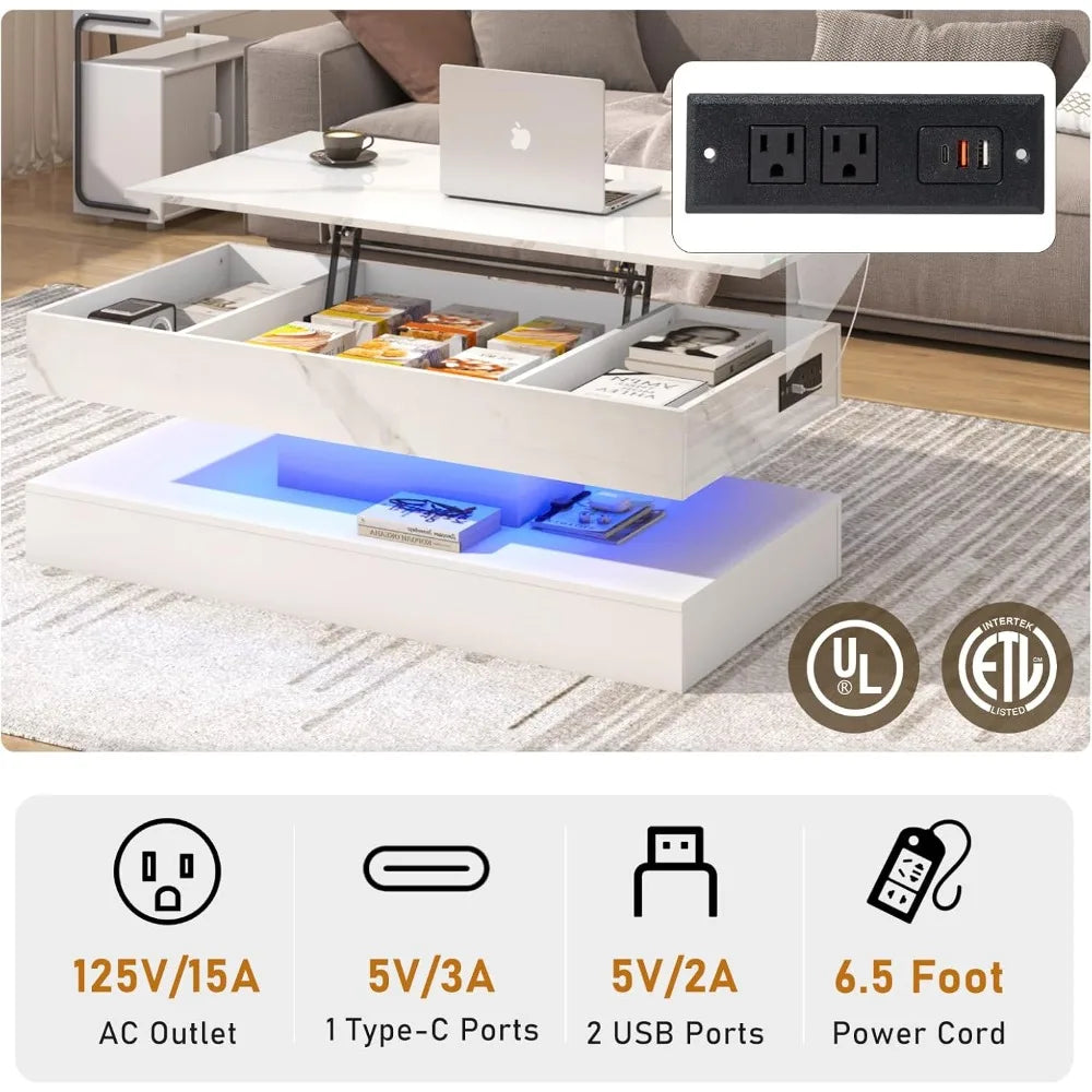 Large Lift Top Coffee Table with Charging Station and LED Lights