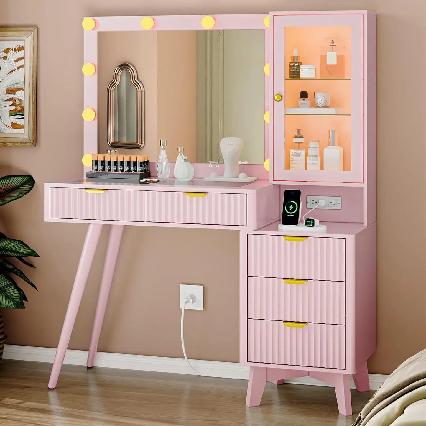 Fluted Vanity Desk with Mirror Lights 5 Drawers Power Outlet Storage