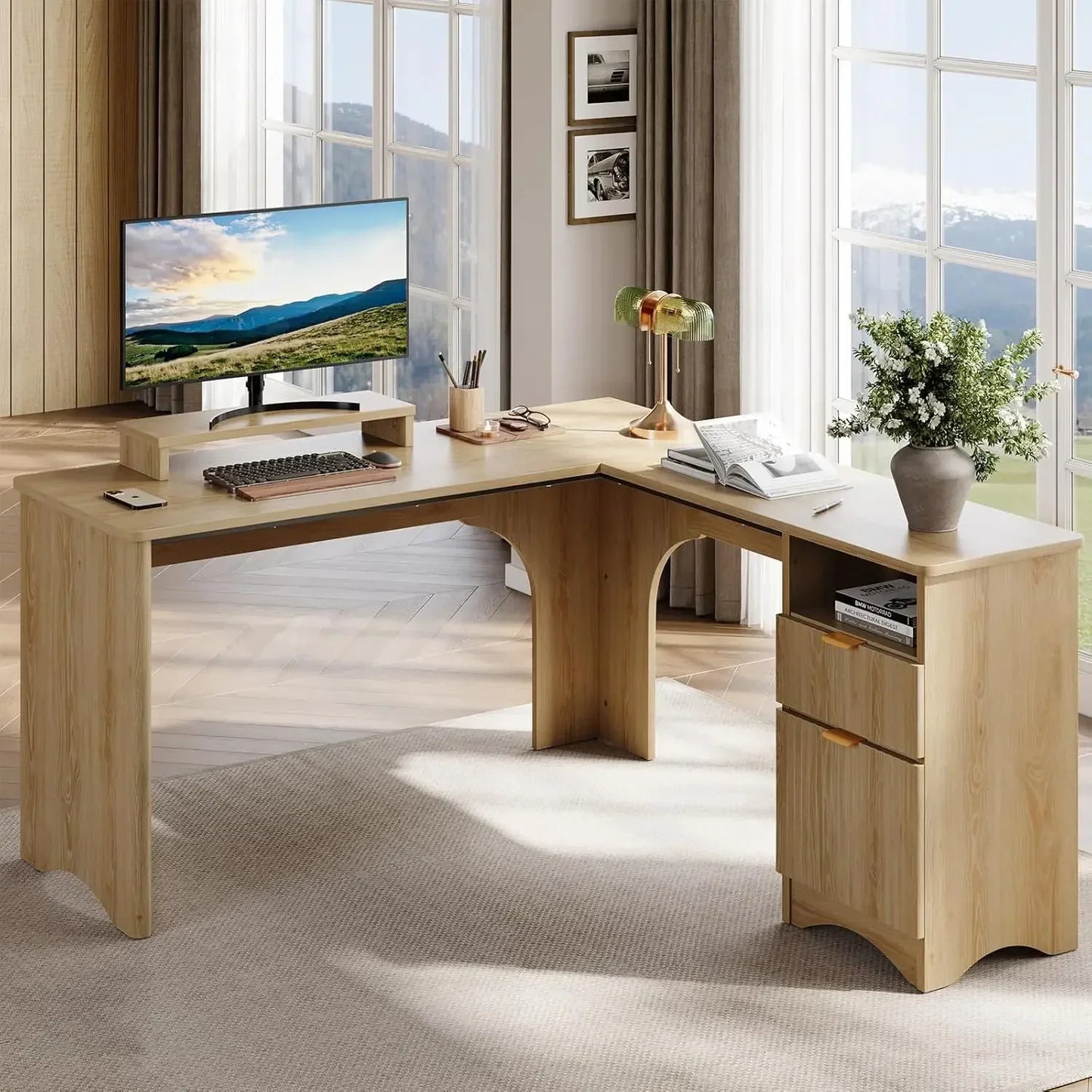 L Shaped Office Desk with File Drawer Modern Computer Desk 55.7" x 55"
