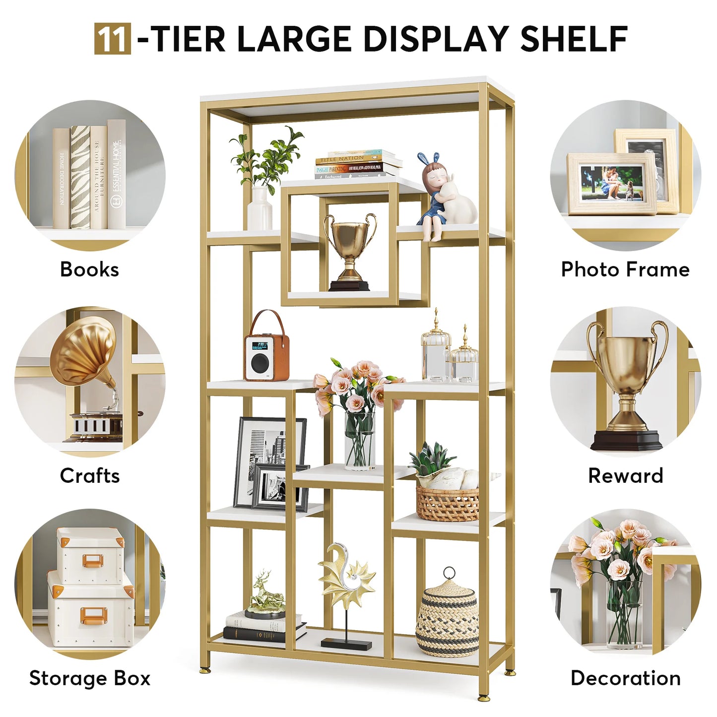 Tribesigns Gold 8-Shelf Etagere Bookcase Modern Display Shelf