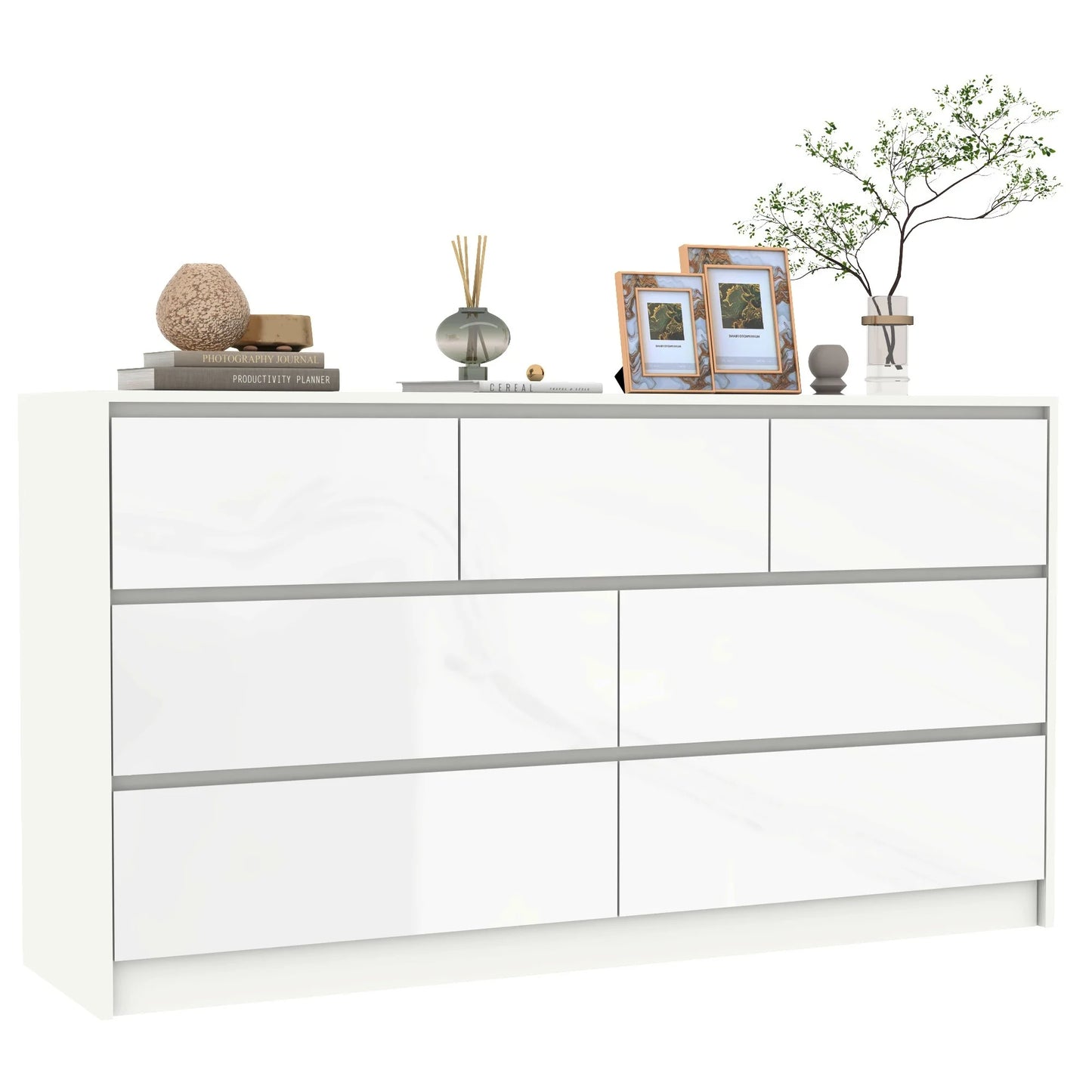 Modern 7 Drawer Dresser Spacious Storage High Gloss Bedroom Furniture