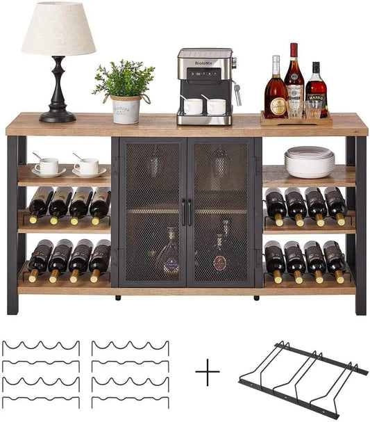 Industrial Wine Bar Cabinet with Wine Rack and Glass Holder for Home