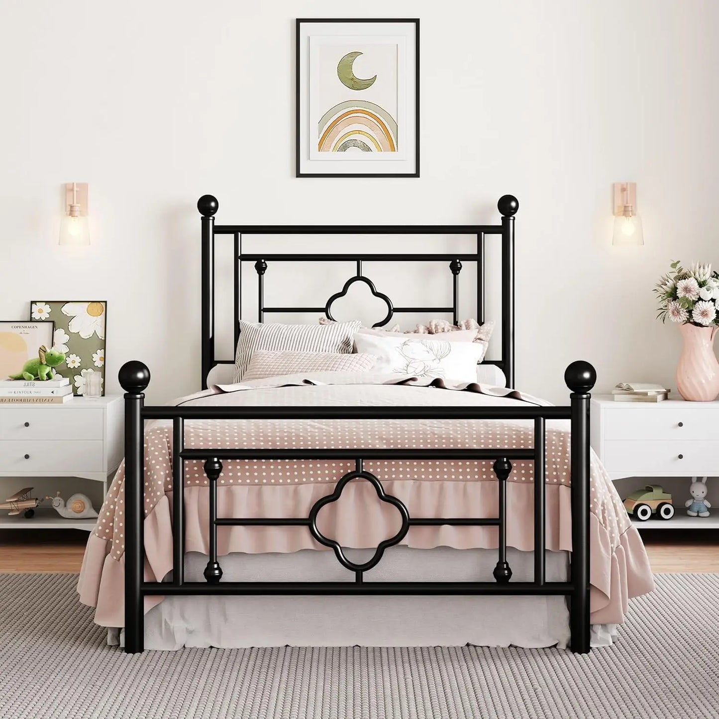 Vintage Twin Size Metal Platform Bed Frame with Headboard and Footboard