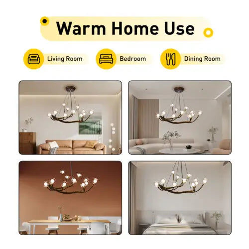 Vintage Rustic Tree Branch Glass Ball Chandelier Nordic Hanging Lamp