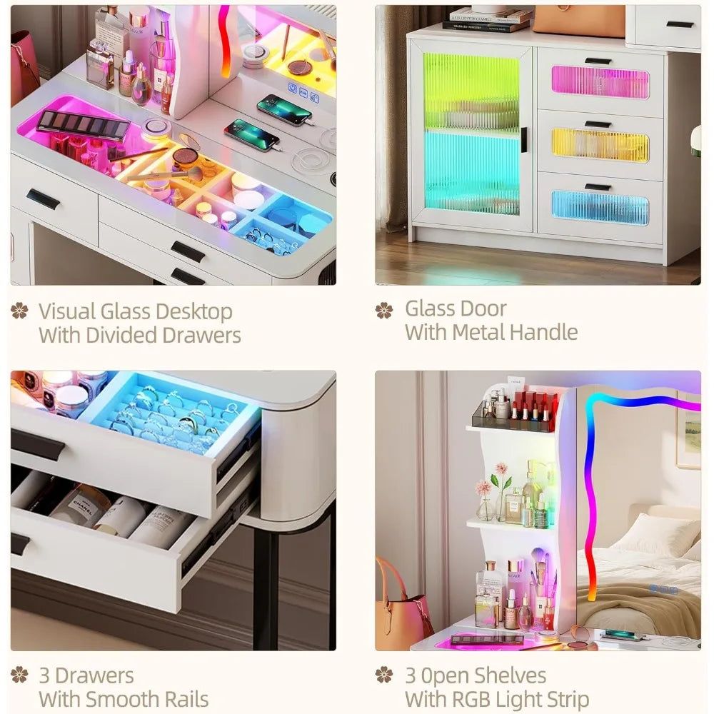 Large Makeup Vanity Desk with Mirror RGB Lights Charging Station