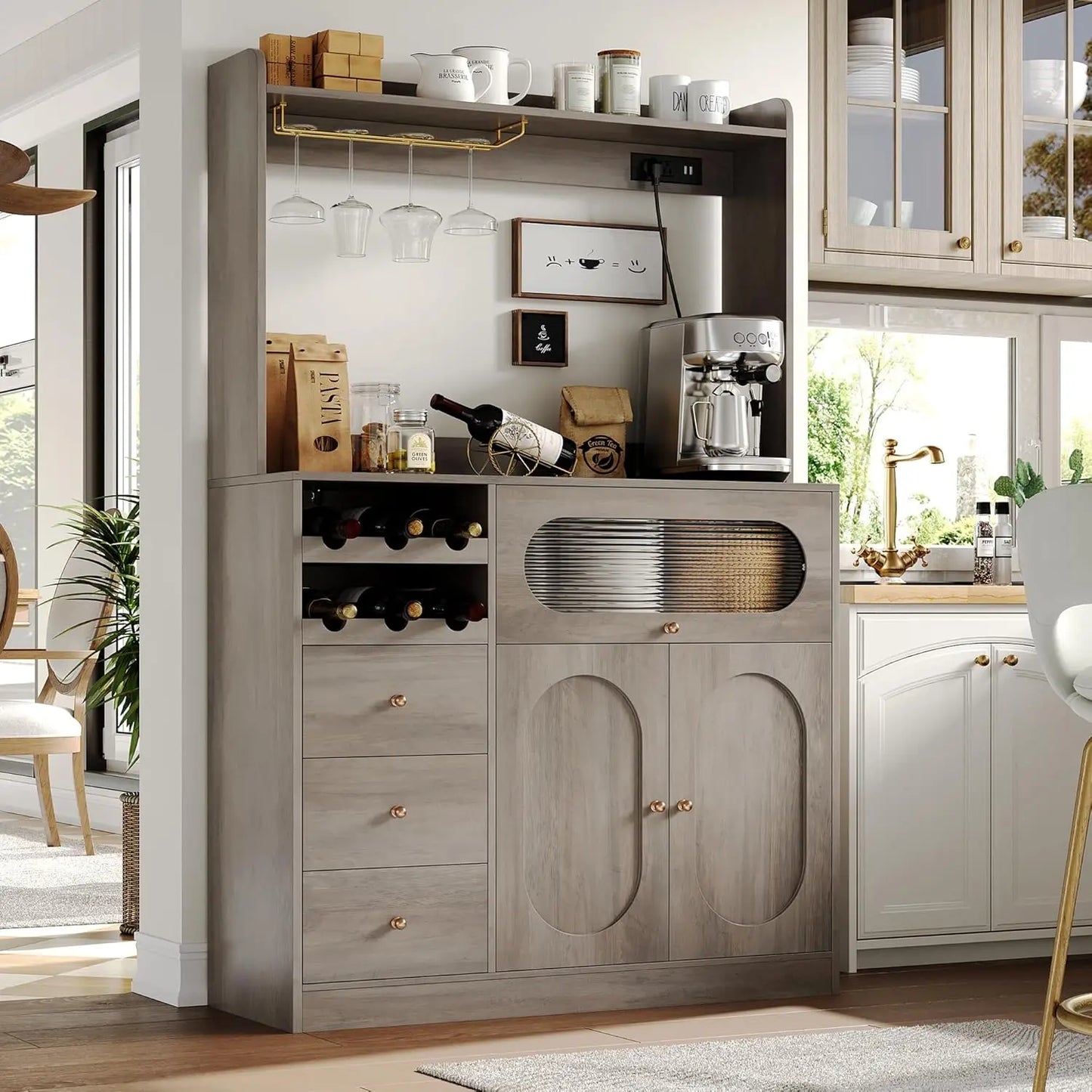 Kitchen Pantry Storage Cabinet Buffet Coffee Bar with Power Outlets