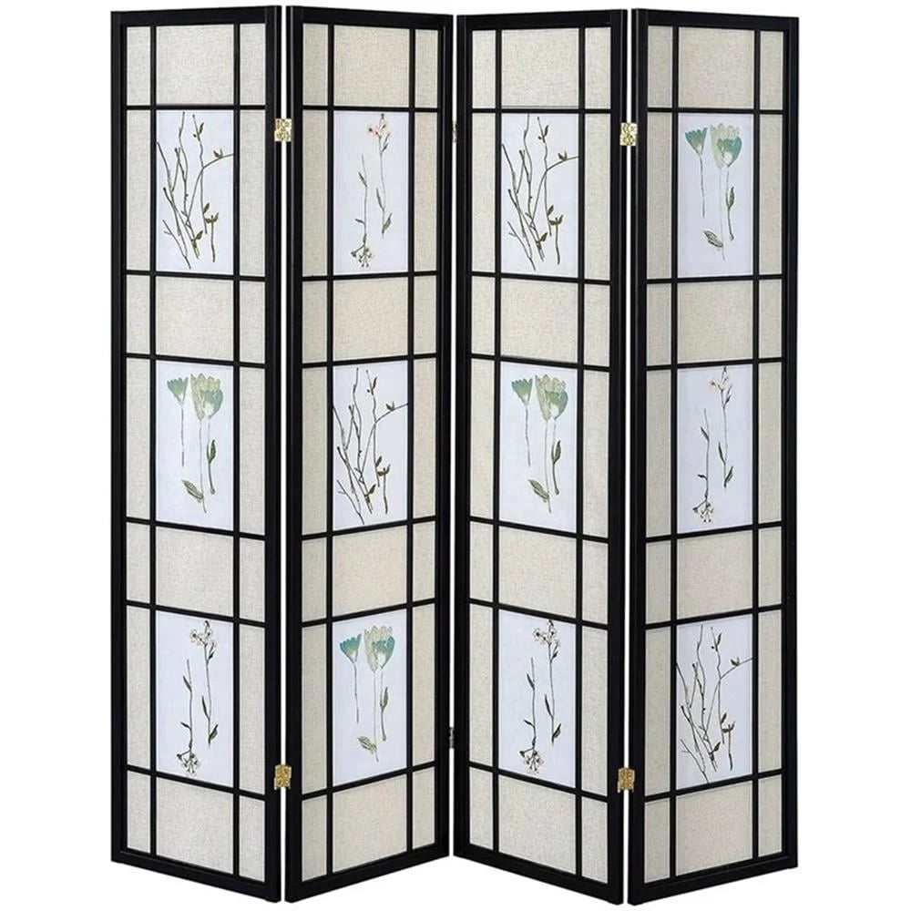 Traditional Wood Four Panel Floral Folding Room Divider Privacy Screen