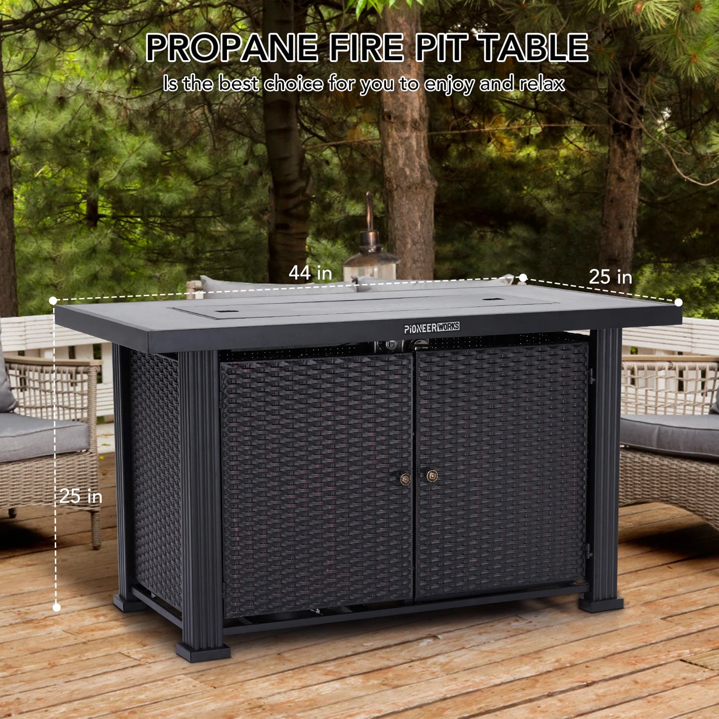 Ljustra 44 Inch Propane Fire Pit Table Rectangle 50000BTU Garden Patio