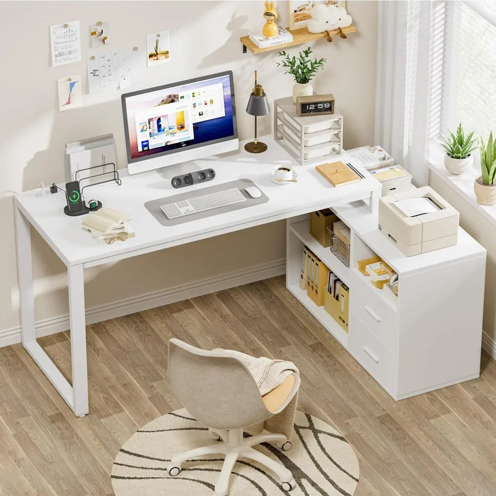 L Shaped Desk with Storage Drawers and Power Outlets 55 Inch