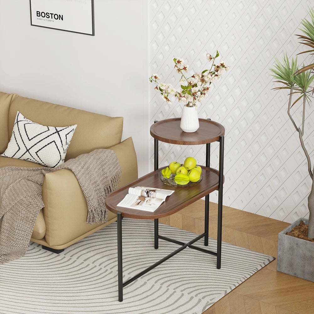 2-Tier End Table Round and Oval Sofa Side Table Overbed Bedside Table for Patio and Living Room Bedroom Medical Food Tray Table
