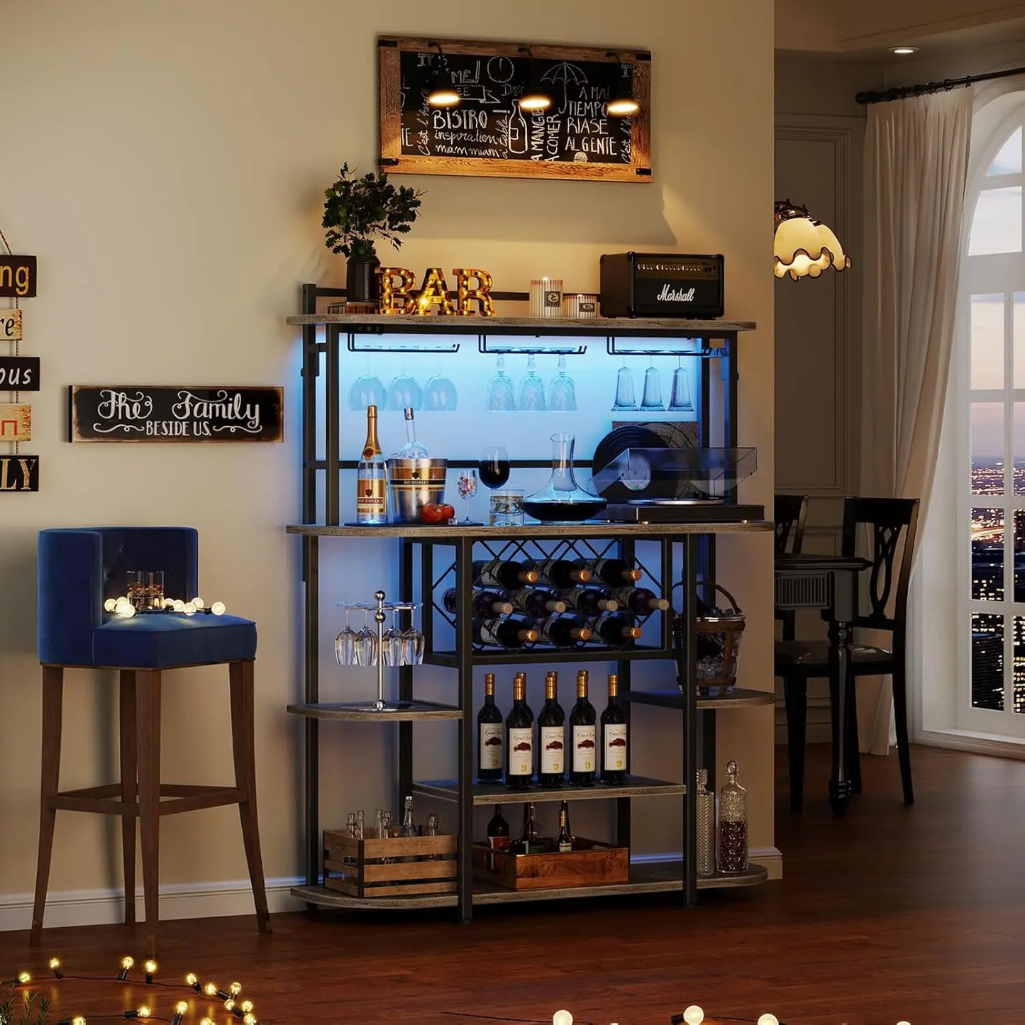 Wine Rack with LED Light Freestanding Bar Table 6-Tier Storage Cabinet