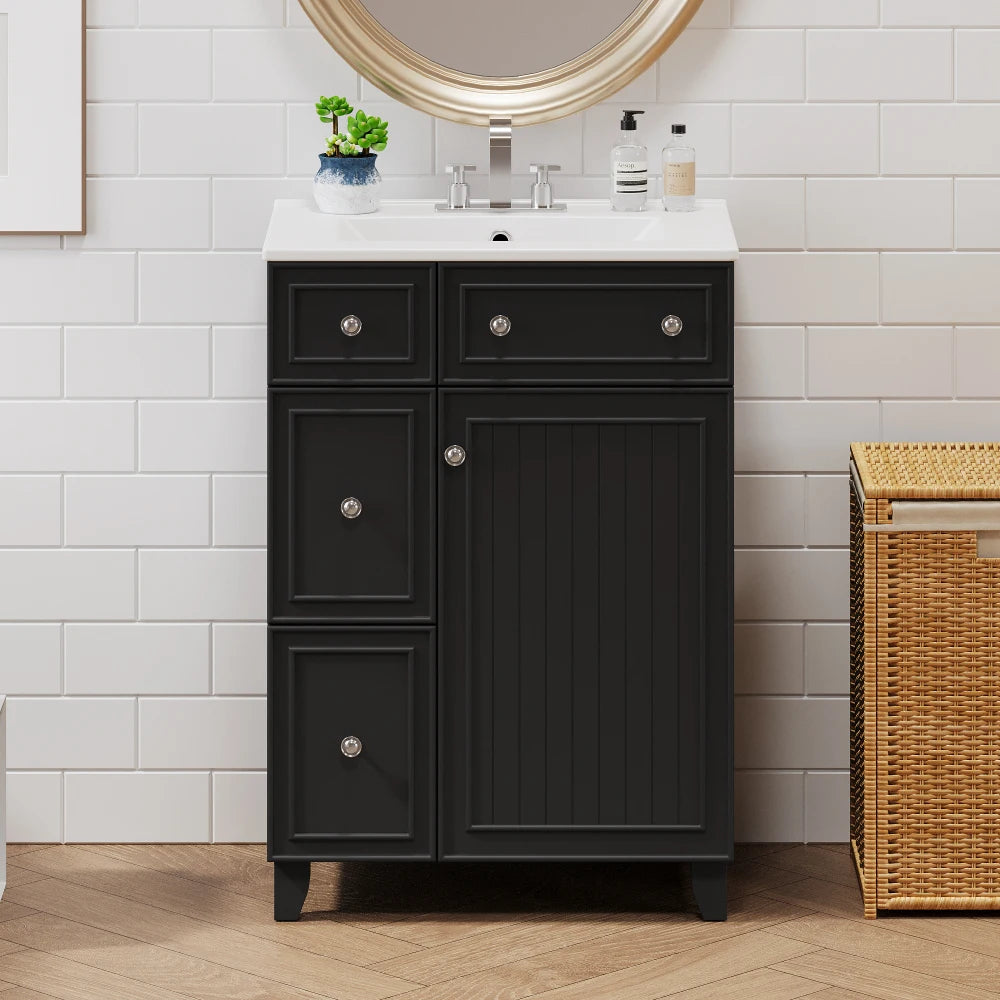 24 Inch Bathroom Vanity Cabinet Ceramic Sink 2 Drawers Storage