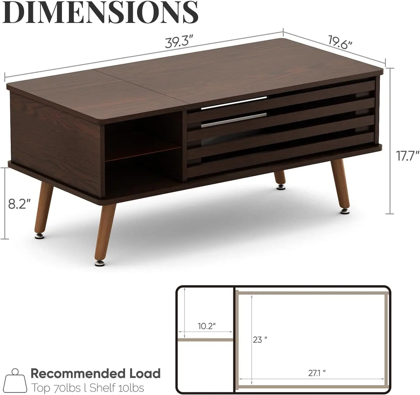 Lift Top Coffee Table with Storage Mid Century Modern Wooden Table