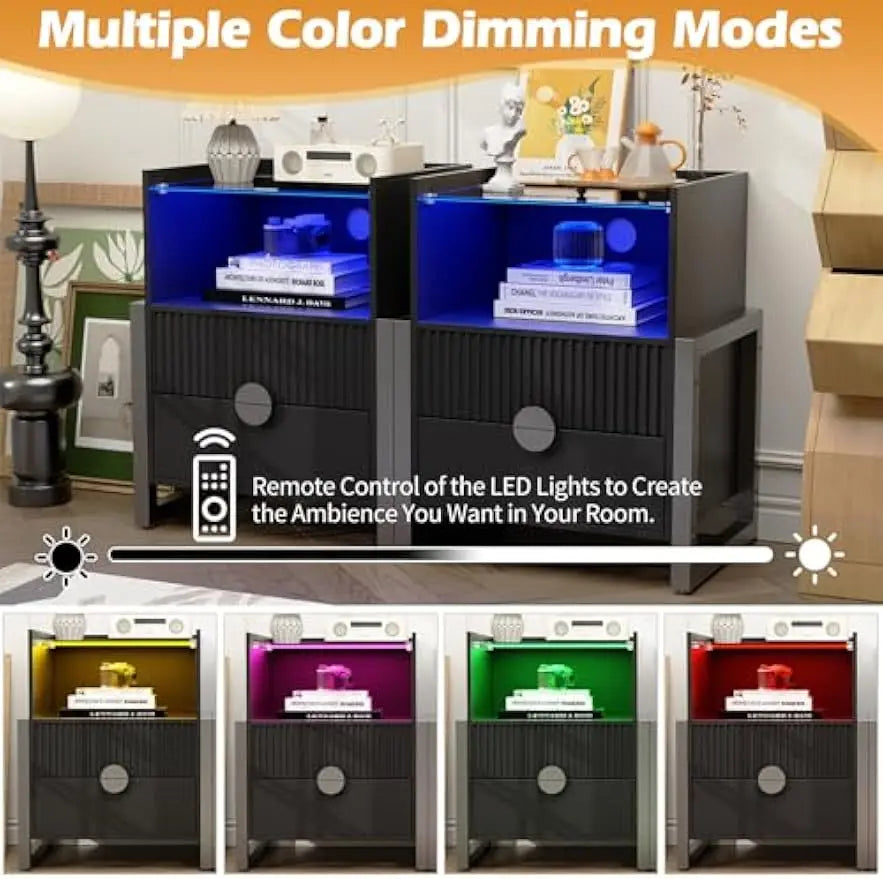 Fluted Nightstand with LED Lights Charging Station 2 Drawer Modern Table