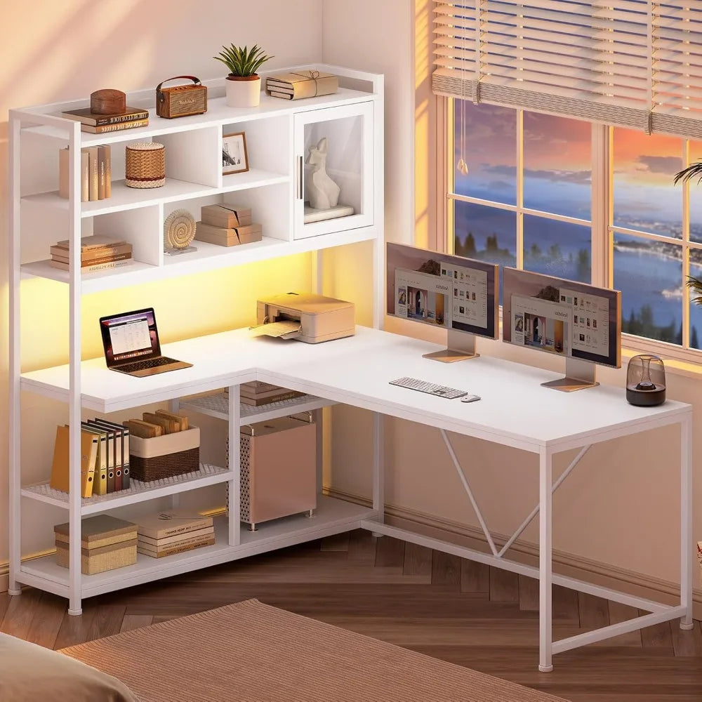 L Shaped Computer Desk with LED Light and Bookshelf for Home Office