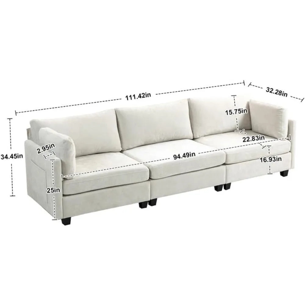 Modern 3-Seater Chenille Sofa Beige Deep Seat Couch with Cushions & Side Pocket