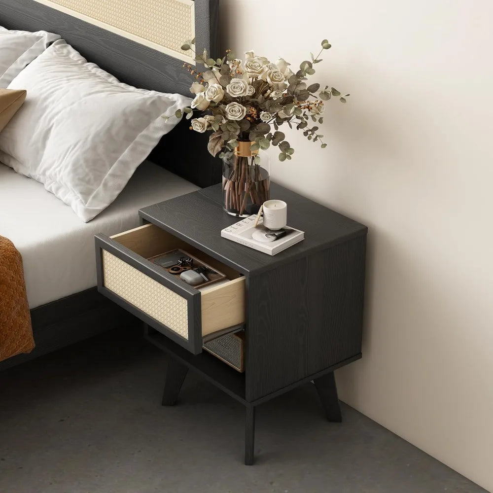 Boho Nightstand Rattan Drawer Open Shelf Black Wood Mid Century Modern