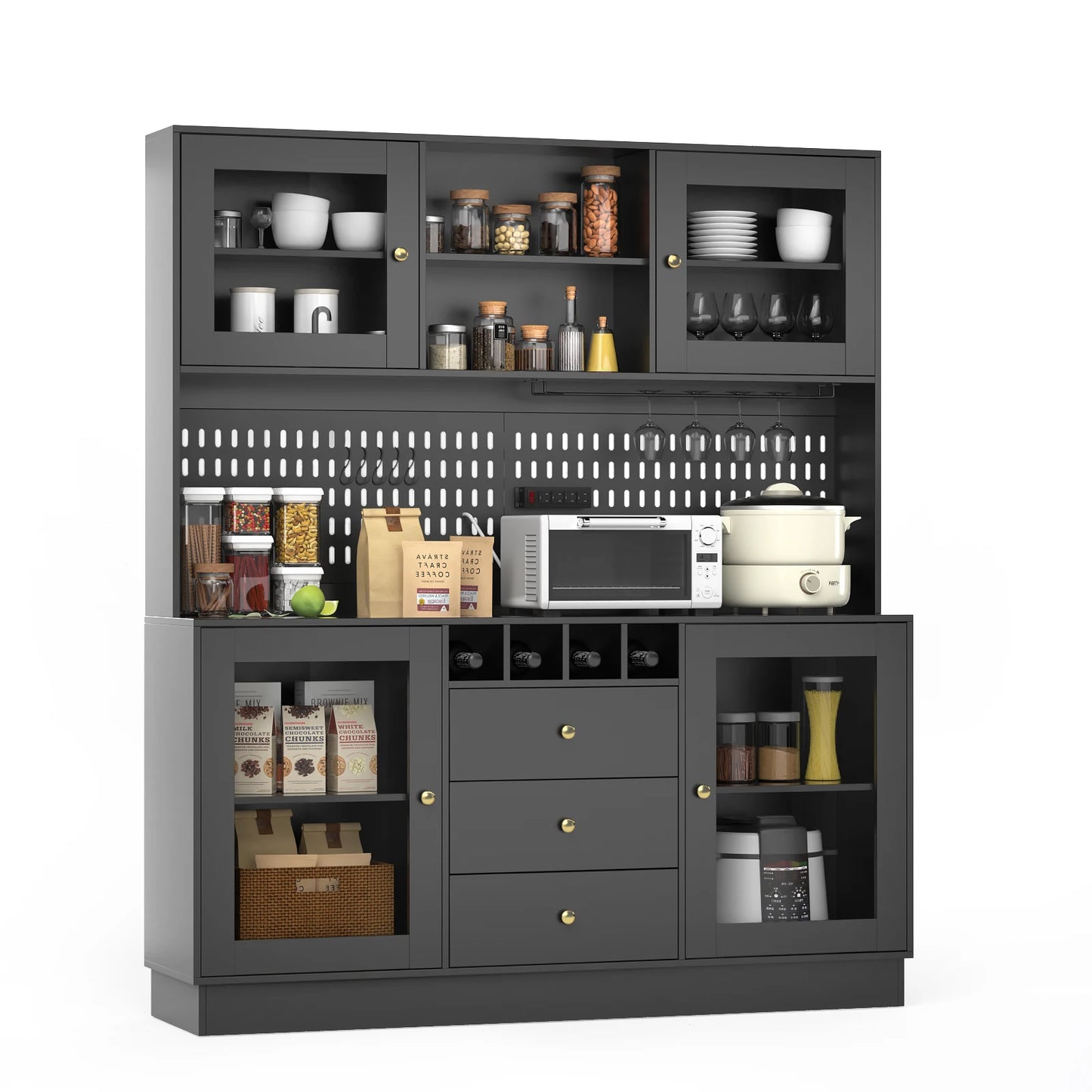 Pantry Cabinet Kitchen Storage Buffet Hutch with Pegboard Cup Holder