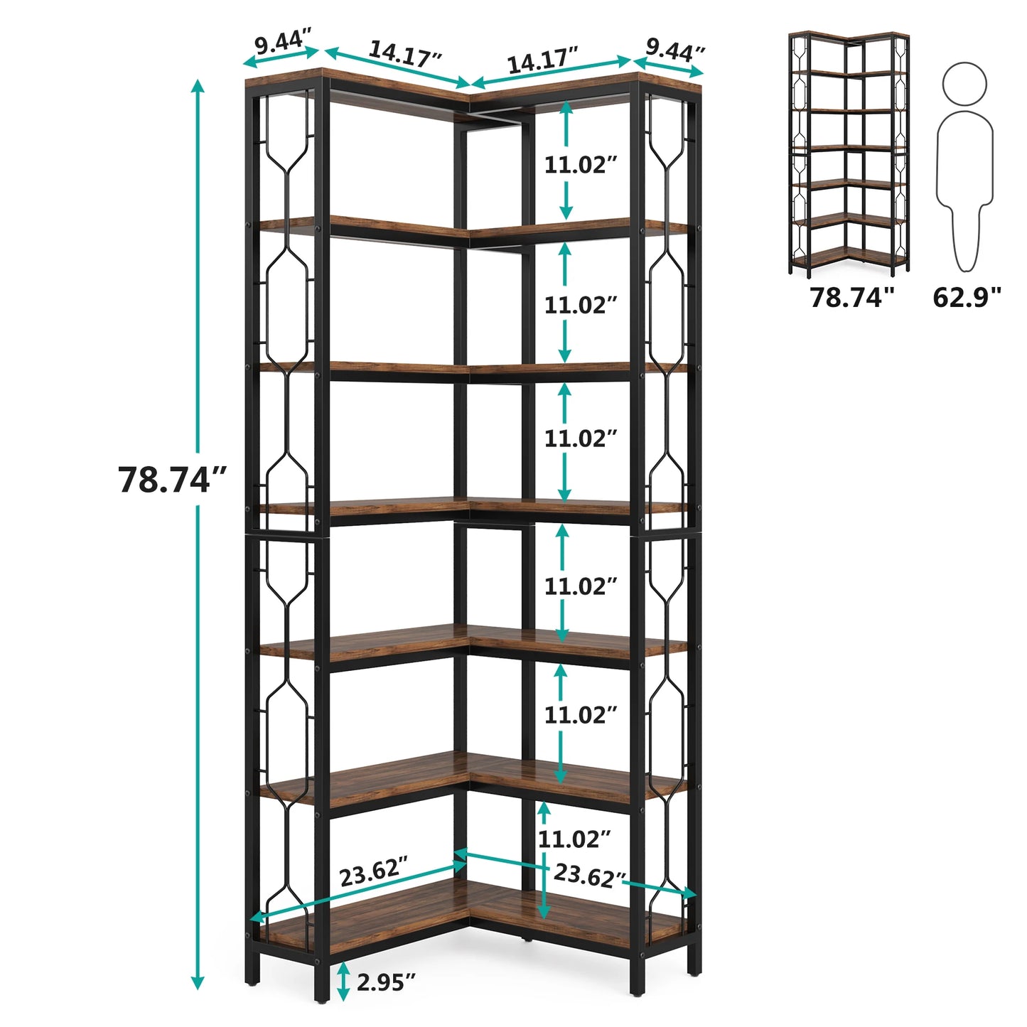 Ljustra 7-Shelf Corner Bookshelf Modern Corner Bookcase Storage Rack