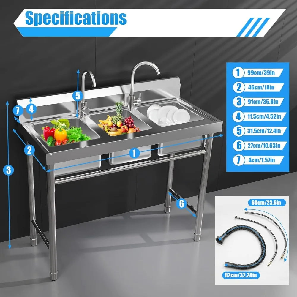 3 Compartment Stainless Steel Utility Sink with Hot Cold Faucets
