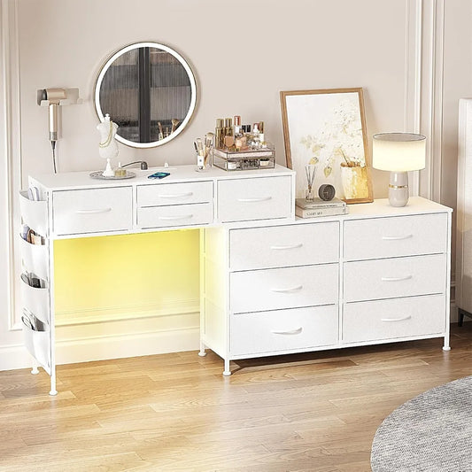 67 Inch Rotatable Dressing Table with LED Lights and Charging Station