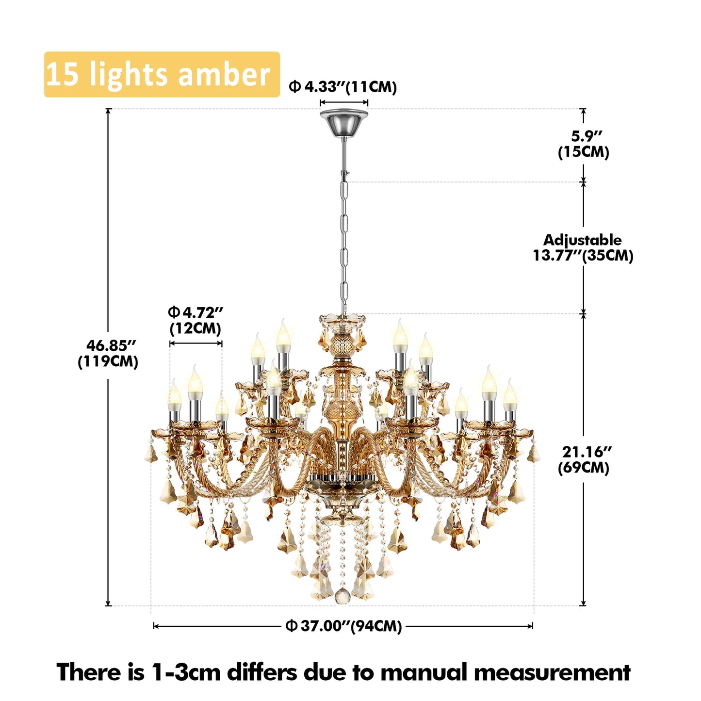 15 Arms Crystal Chandelier Pendant Light Modern K9 for Living Room