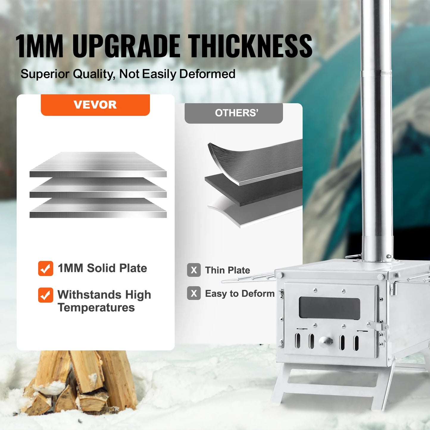 Portable Stainless Steel Camping Wood Stove with Chimney Pipes Gloves