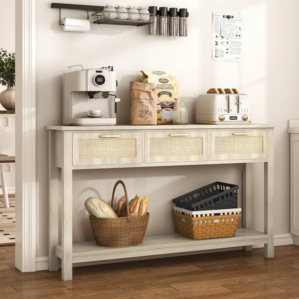 Ljustra 51.2" Rattan Console Table Narrow Entryway Sofa Table 3 Drawers