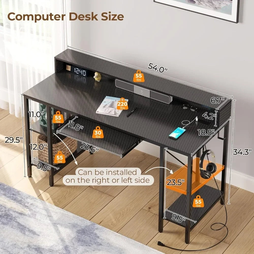 Ljustra 54" Computer Desk with LED Lights Power Outlets Gaming Desk