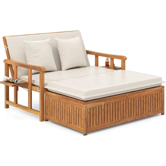 Outdoor Wood Daybed Solid Acacia Loveseat Storage Ottoman Adjustable Backrest