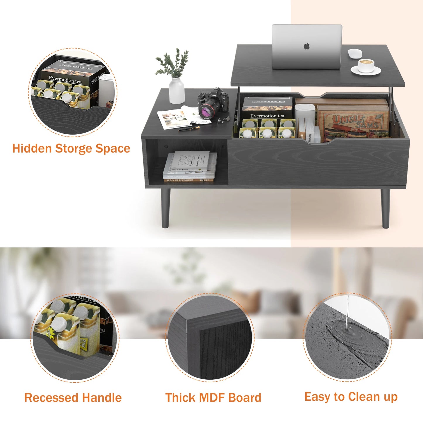 Ljustra Lift Top Coffee Table Modern Adjustable Storage Living Room 39.37"x19.7"