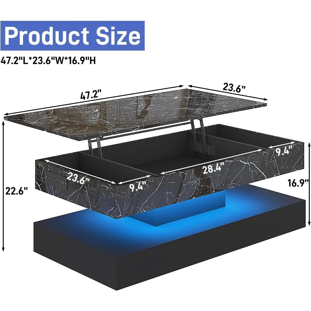 Lift Top Coffee Table with Charging Station LED Modern Center Table