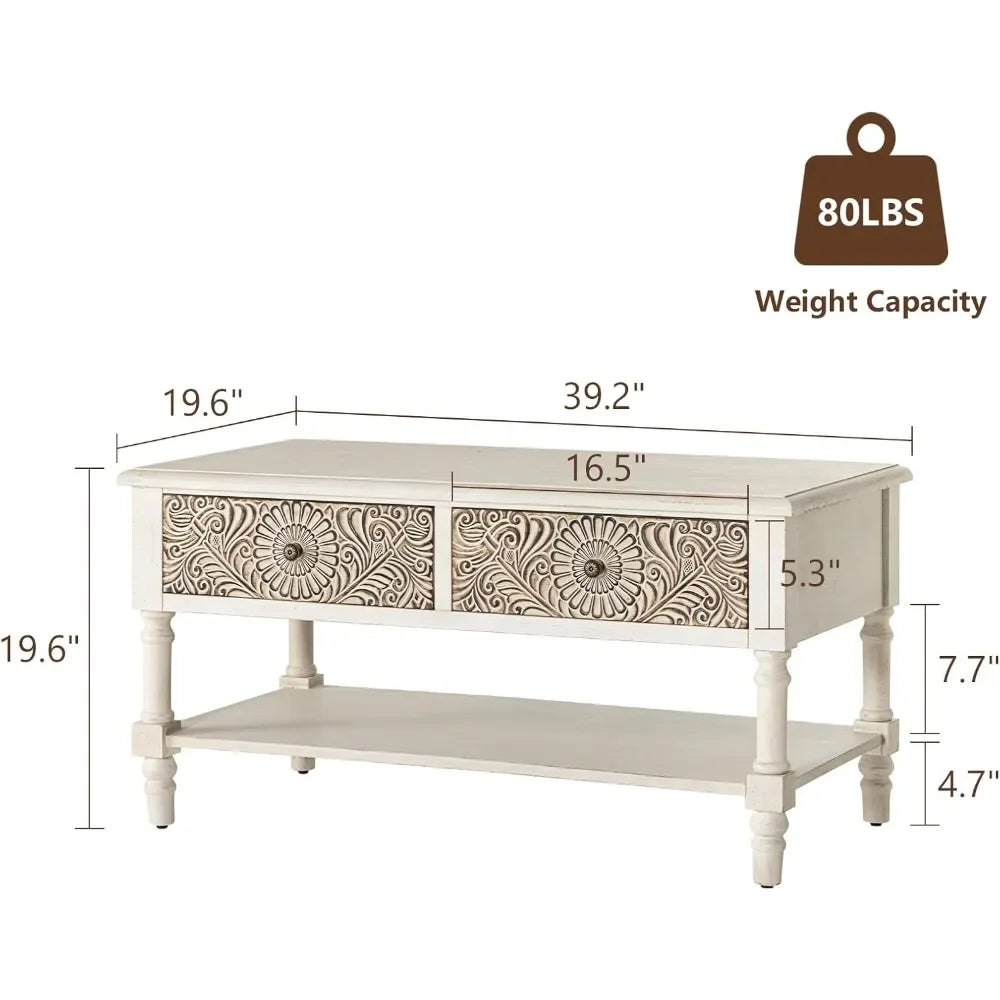 Vintage Coffee Table with Drawers Two Tier Farmhouse Wood Table