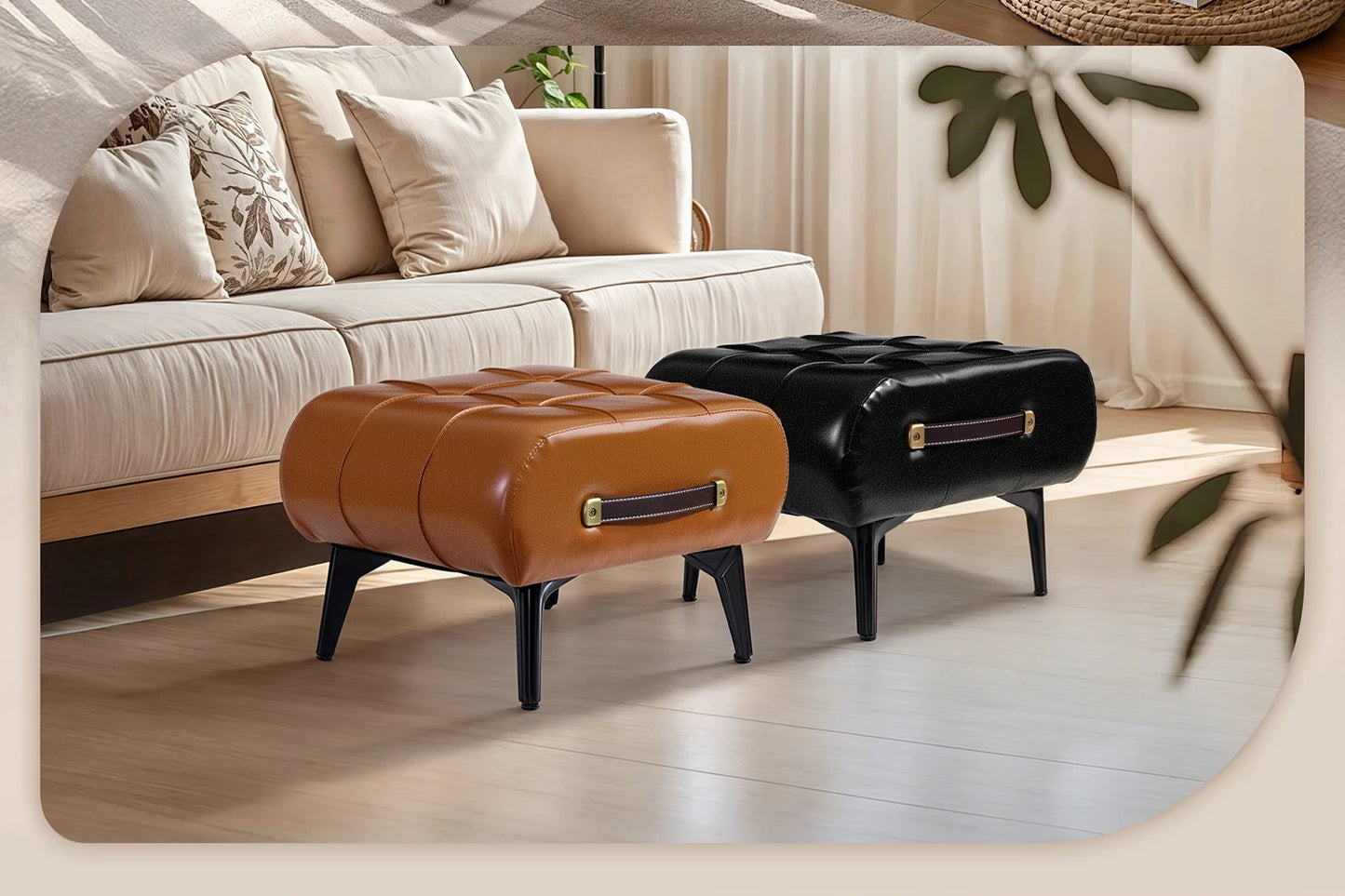 Vintage Waxed Leather Entryway Bench Luxury Ottoman Multifunctional Stool