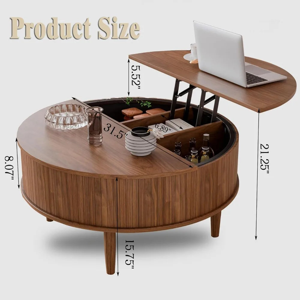Round Lift Top Coffee Table with Storage Mid Century Modern Design