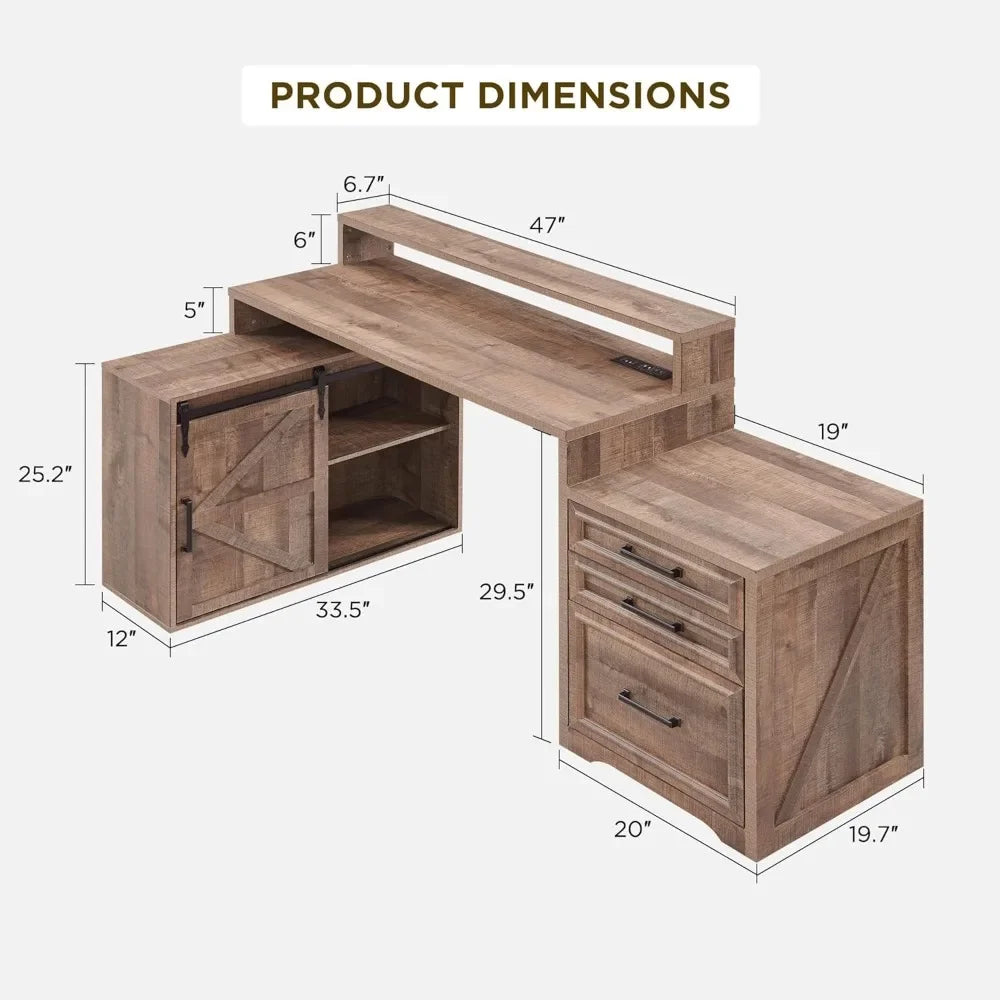 Modern Farmhouse Home Office Desk with File Cabinet 67 Inch Large Workstation