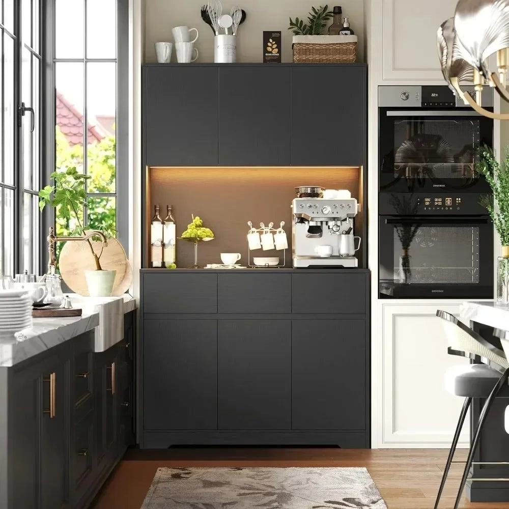 71 Inch Tall Kitchen Pantry Storage Cabinet with Power Outlets and LED Lights